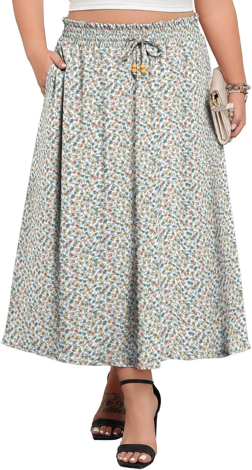 Lastshe Plus Size Maxi Skirts for Women Summer Boho Pleated Elastic High Waist A-line Long Skirt with Pockets