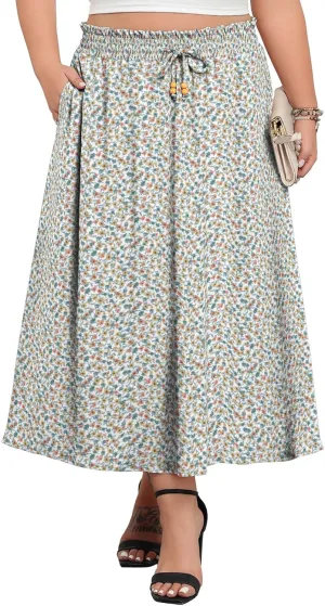 Lastshe Plus Size Maxi Skirts for Women Summer Boho Pleated Elastic High Waist A-line Long Skirt with Pockets