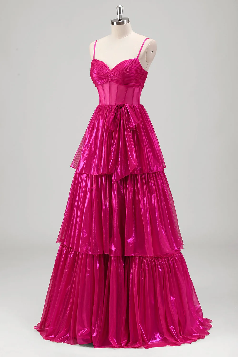 Metallic Pleated Corset A Line Fuchsia Prom Dress