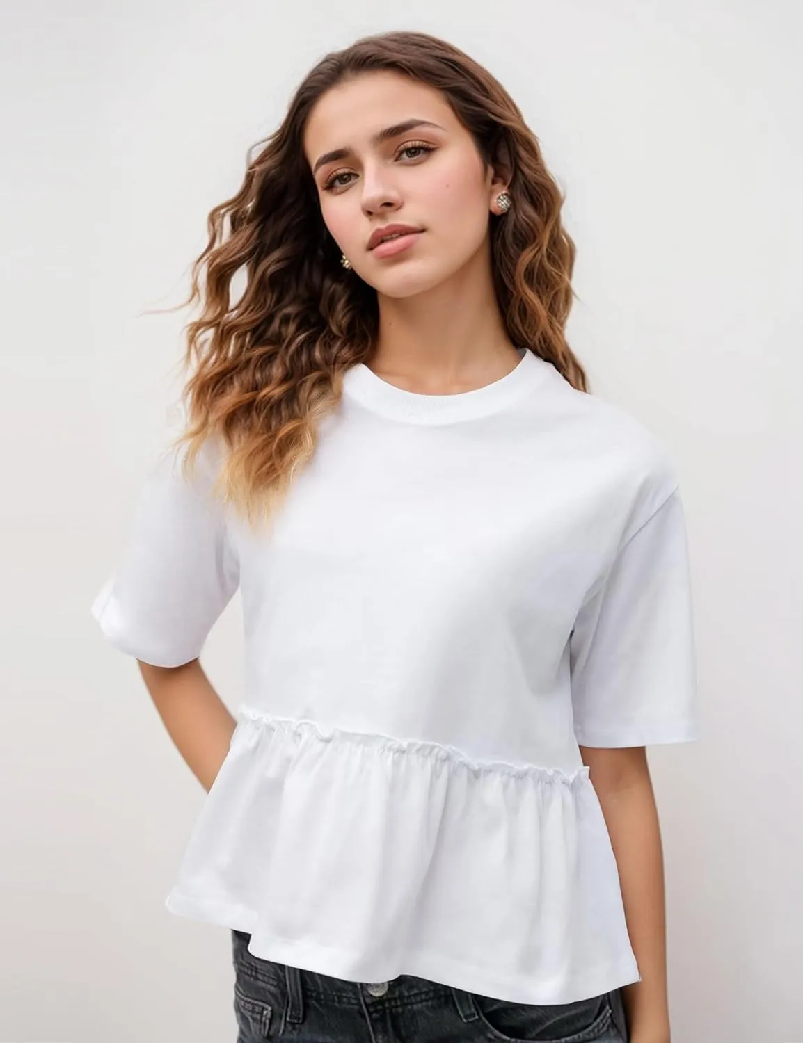 MISSACTIVER Women's Cute Ruffle Hem Babydoll Tee Shirt Casual Crew Neck Short Sleeve Loose Fit Flowy Peplum T-Shirt Tops