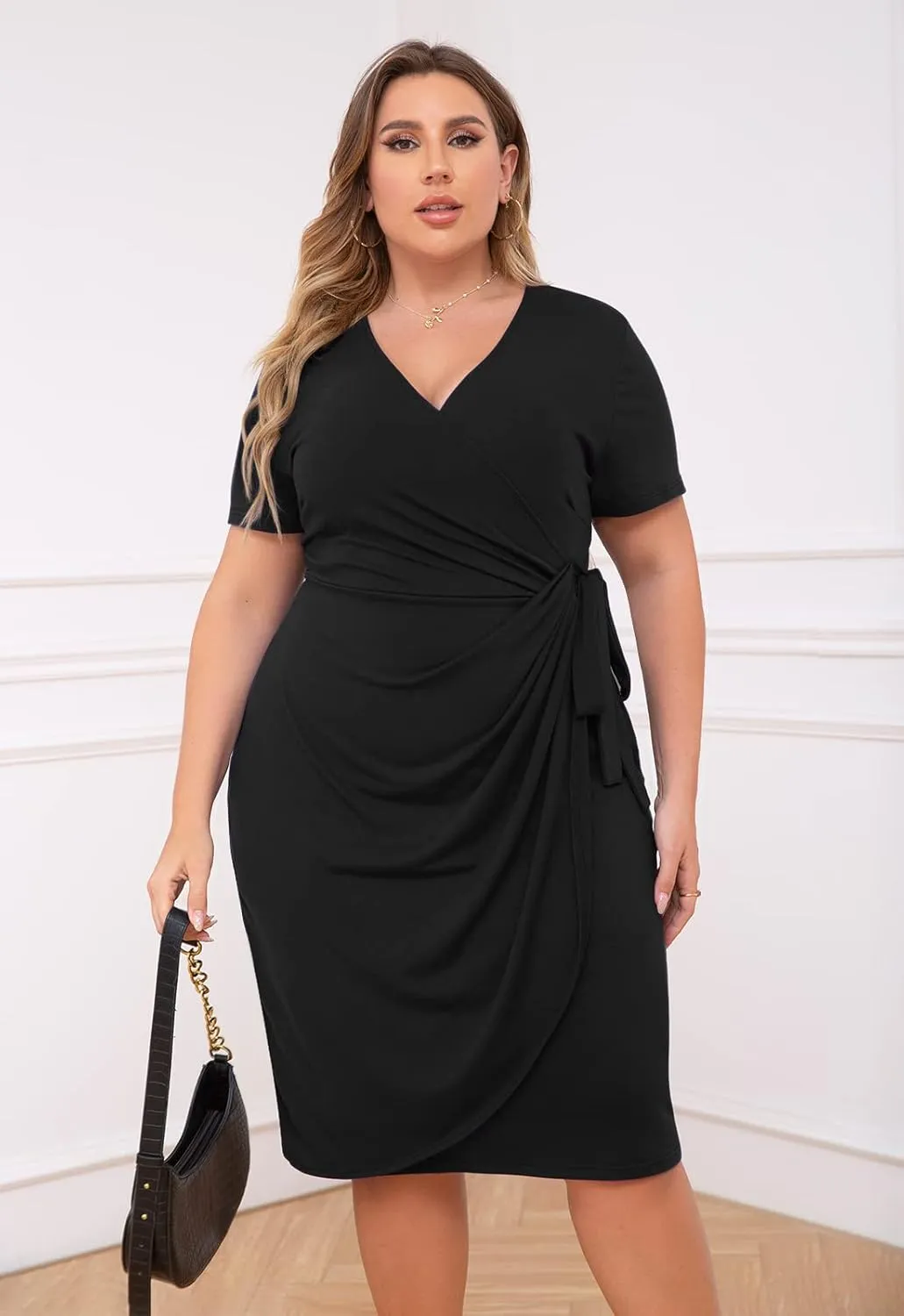 Nemidor Plus Size Dresses for Curvy Women Summer Casual Wrap Bodycon Midi Short Sleeve Pleated Dress 14-26