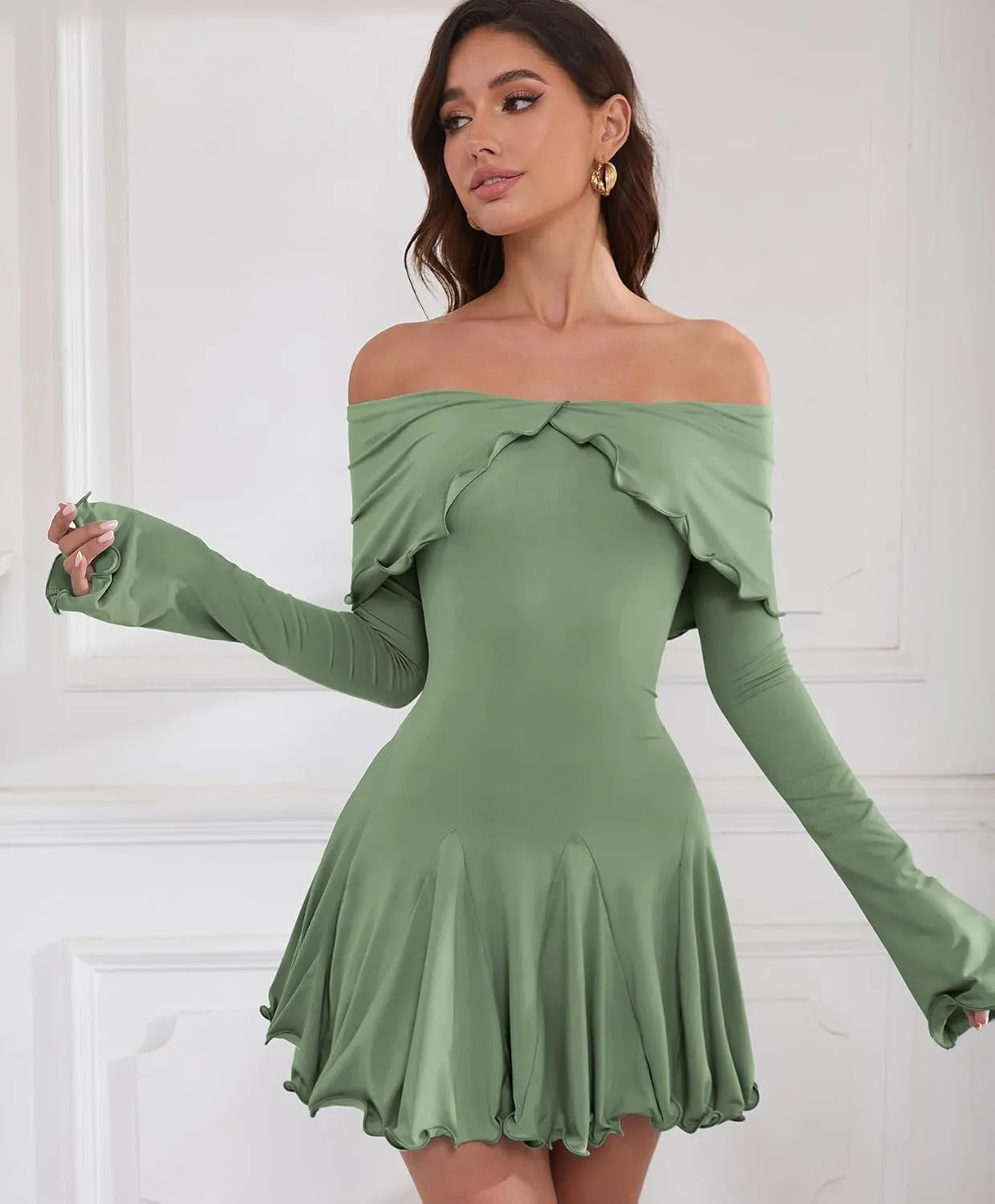 Off The Shoulder Dresses for Women Flowy Bodycon Ruffle Long Sleeve Spring Short Sexy Mini Dress