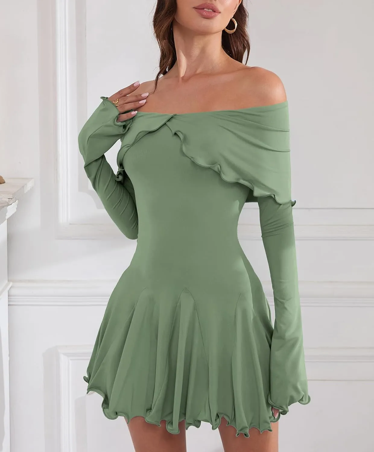 Off The Shoulder Dresses for Women Flowy Bodycon Ruffle Long Sleeve Spring Short Sexy Mini Dress