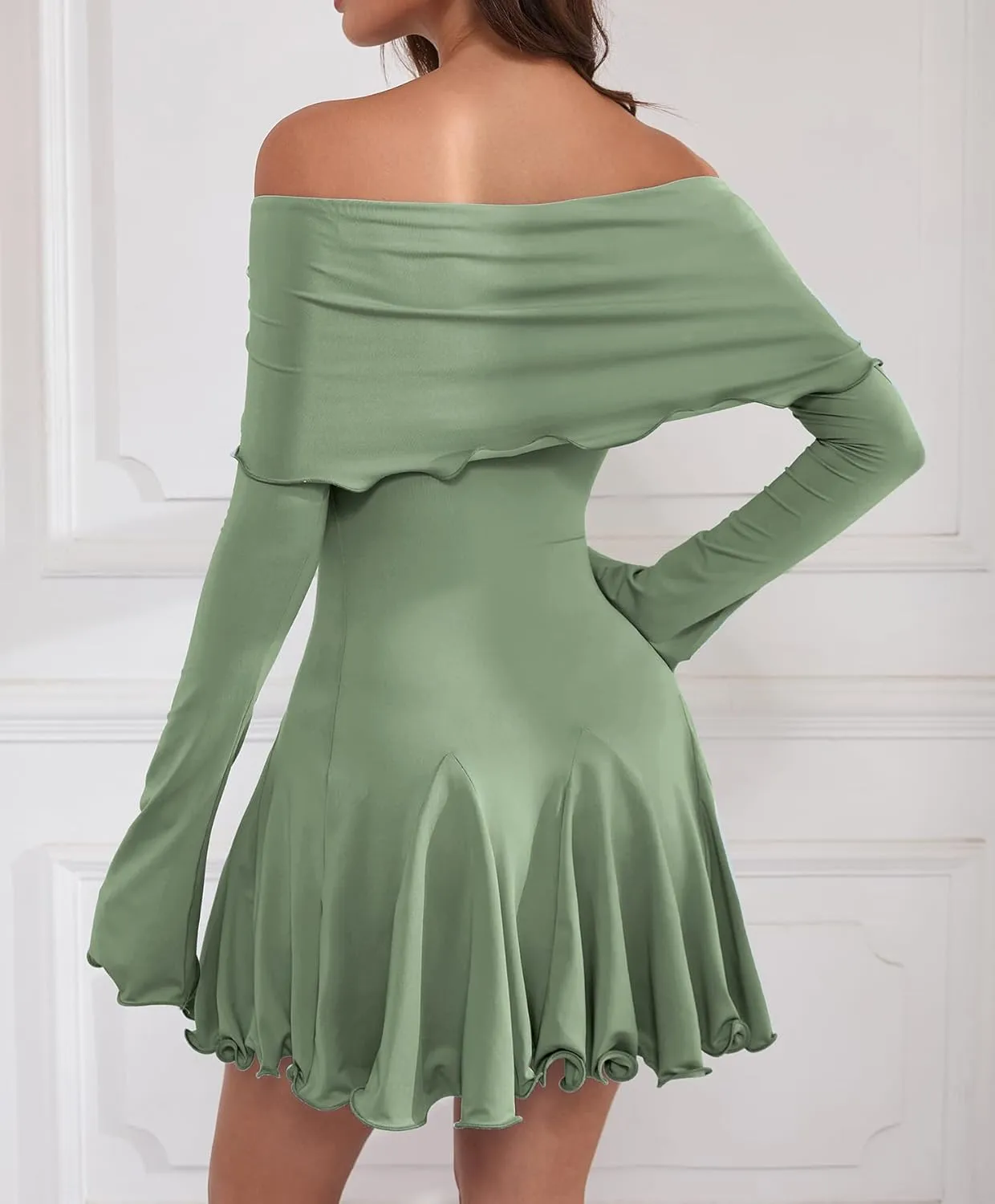 Off The Shoulder Dresses for Women Flowy Bodycon Ruffle Long Sleeve Spring Short Sexy Mini Dress