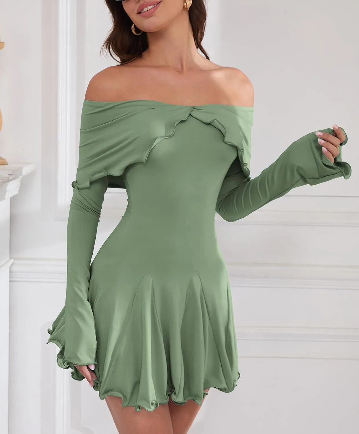 Off The Shoulder Dresses for Women Flowy Bodycon Ruffle Long Sleeve Spring Short Sexy Mini Dress