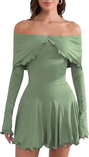 Off The Shoulder Dresses for Women Flowy Bodycon Ruffle Long Sleeve Spring Short Sexy Mini Dress