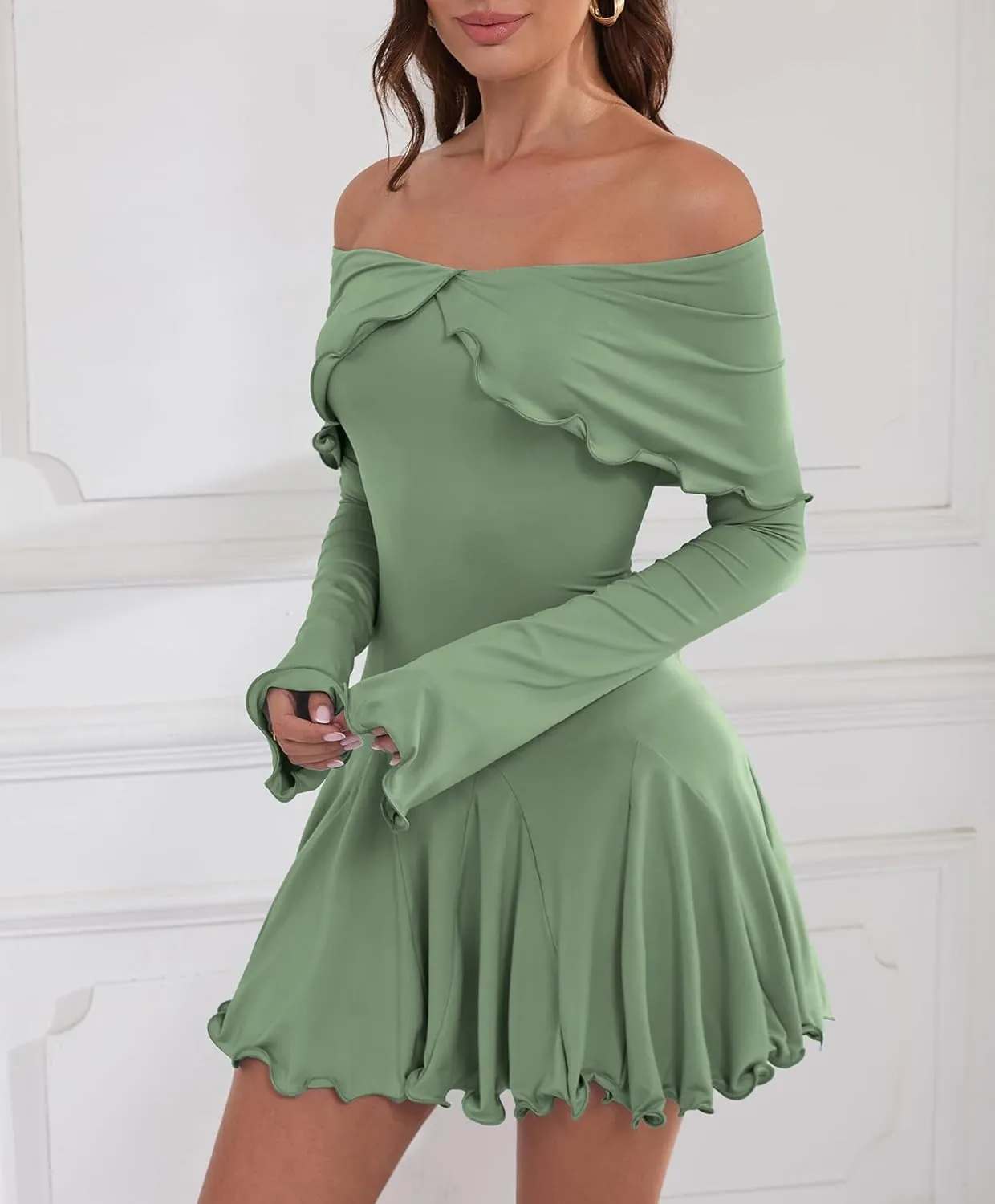 Off The Shoulder Dresses for Women Flowy Bodycon Ruffle Long Sleeve Spring Short Sexy Mini Dress