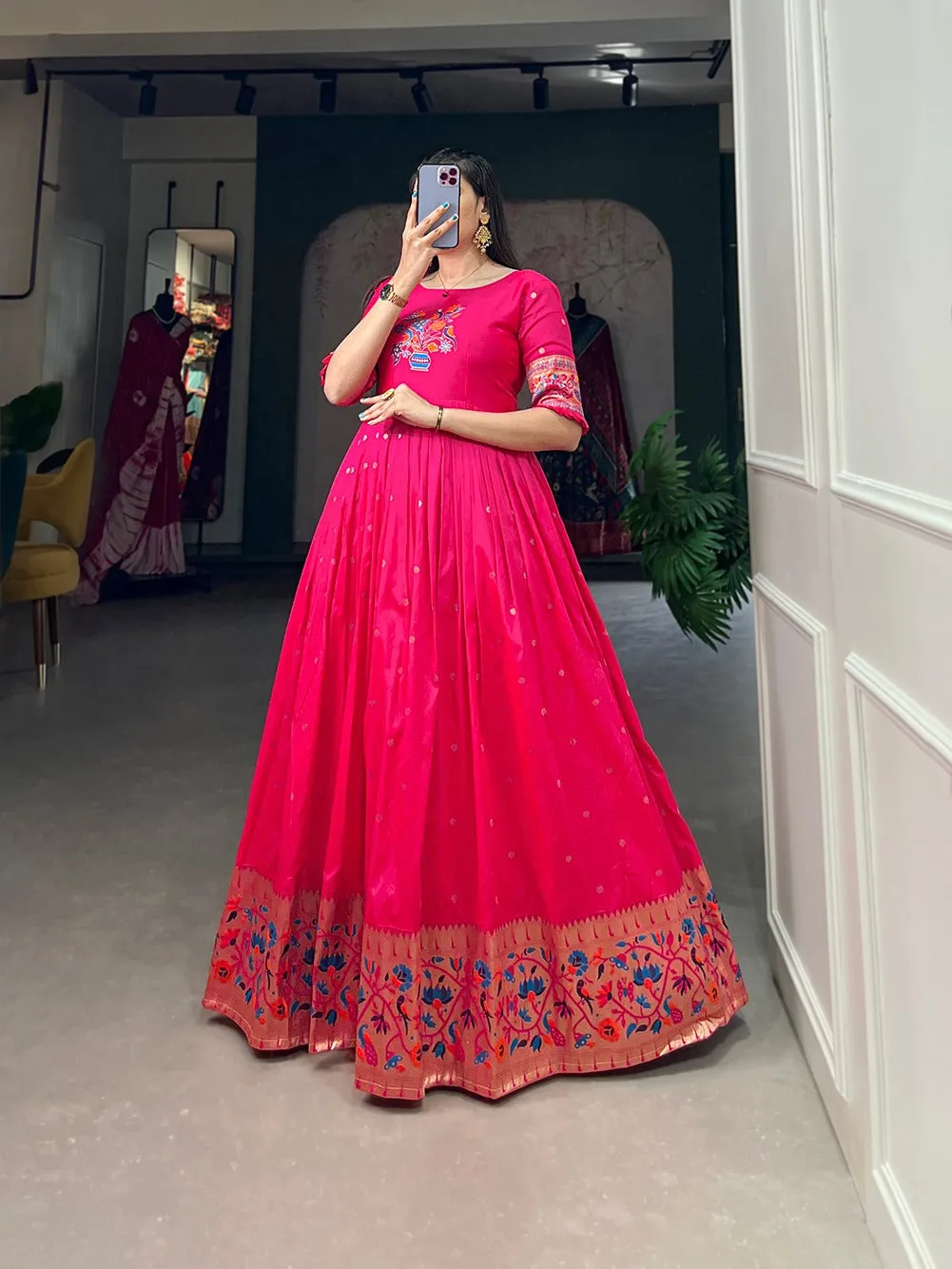 Pink Jacquard Silk Paithani Gown