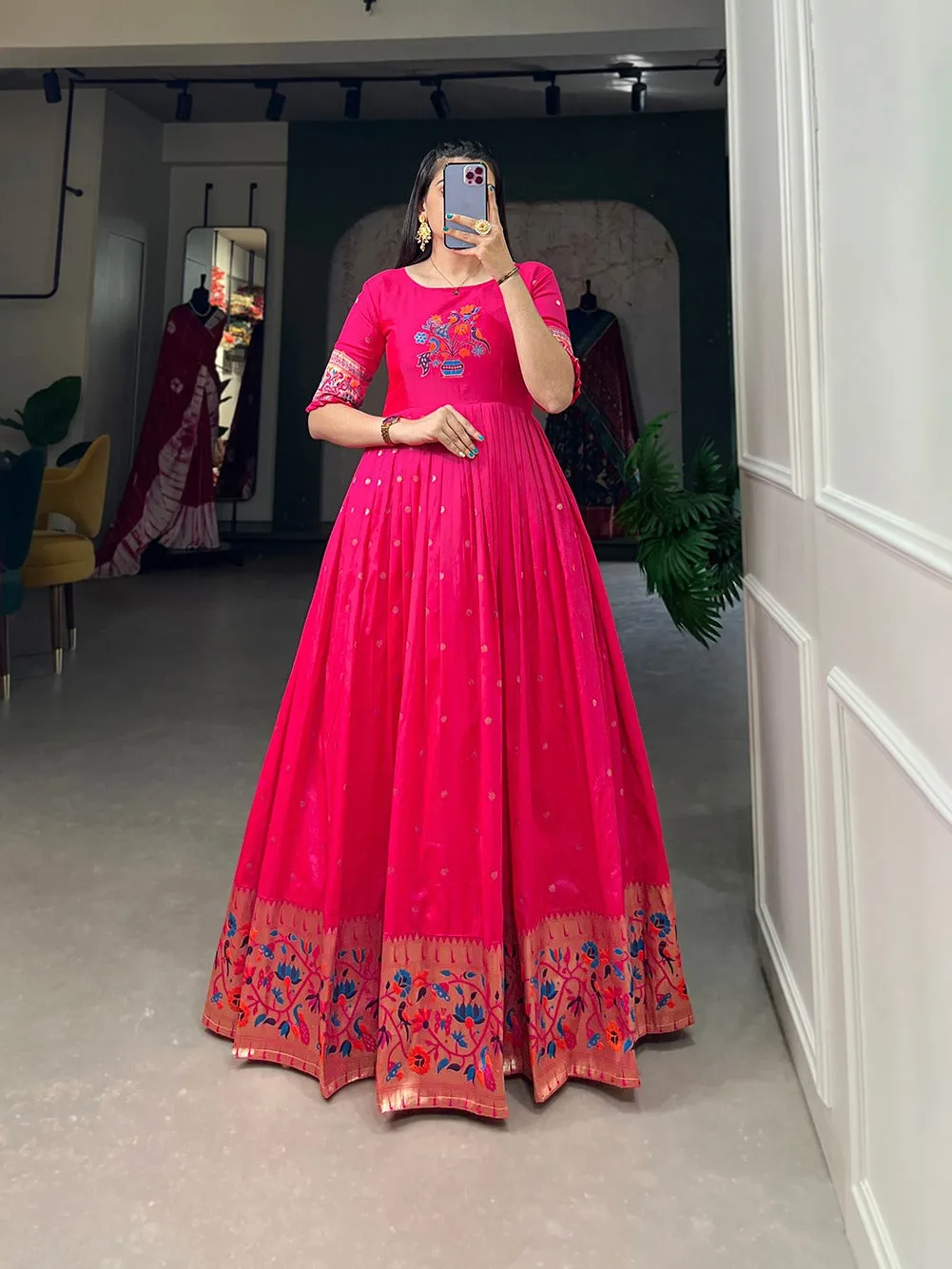 Pink Jacquard Silk Paithani Gown