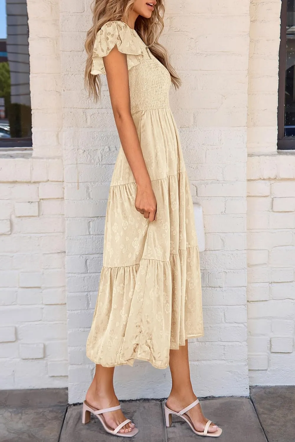 PRETTYGARDEN Midi Dress for Women 2025 Summer Floral Cap Sleeve Smocked Ruffle A Line Long Flowy Wedding Guest Dresses