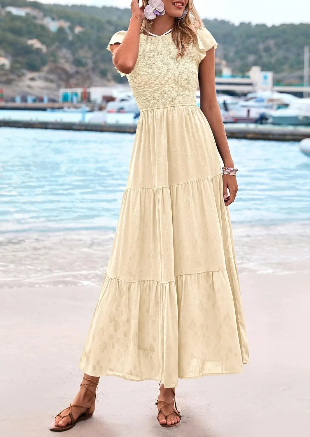PRETTYGARDEN Midi Dress for Women 2025 Summer Floral Cap Sleeve Smocked Ruffle A Line Long Flowy Wedding Guest Dresses