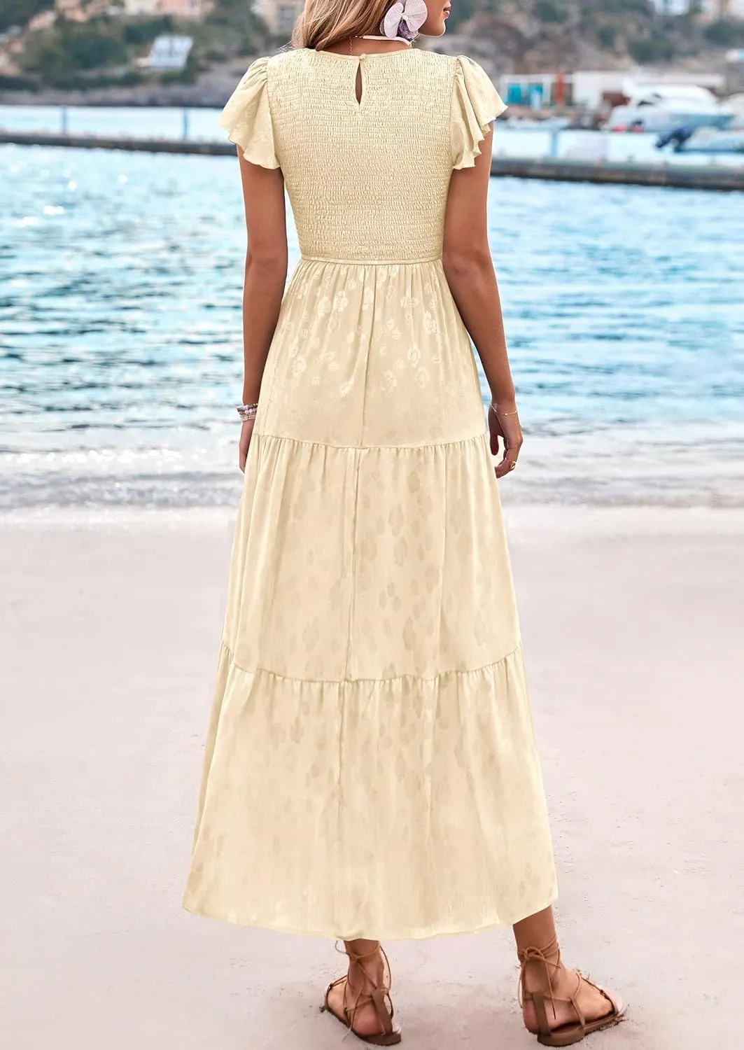 PRETTYGARDEN Midi Dress for Women 2025 Summer Floral Cap Sleeve Smocked Ruffle A Line Long Flowy Wedding Guest Dresses
