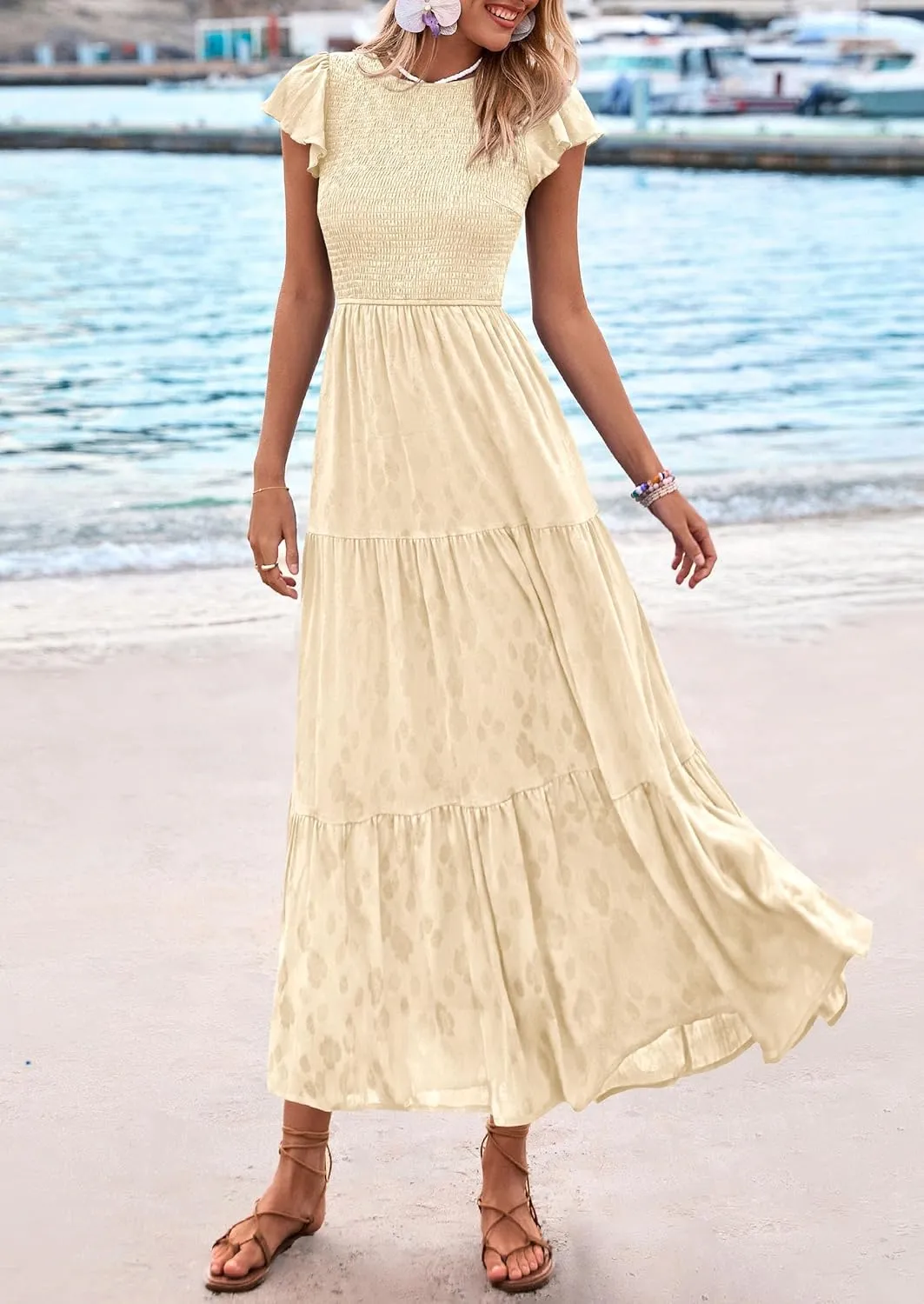 PRETTYGARDEN Midi Dress for Women 2025 Summer Floral Cap Sleeve Smocked Ruffle A Line Long Flowy Wedding Guest Dresses