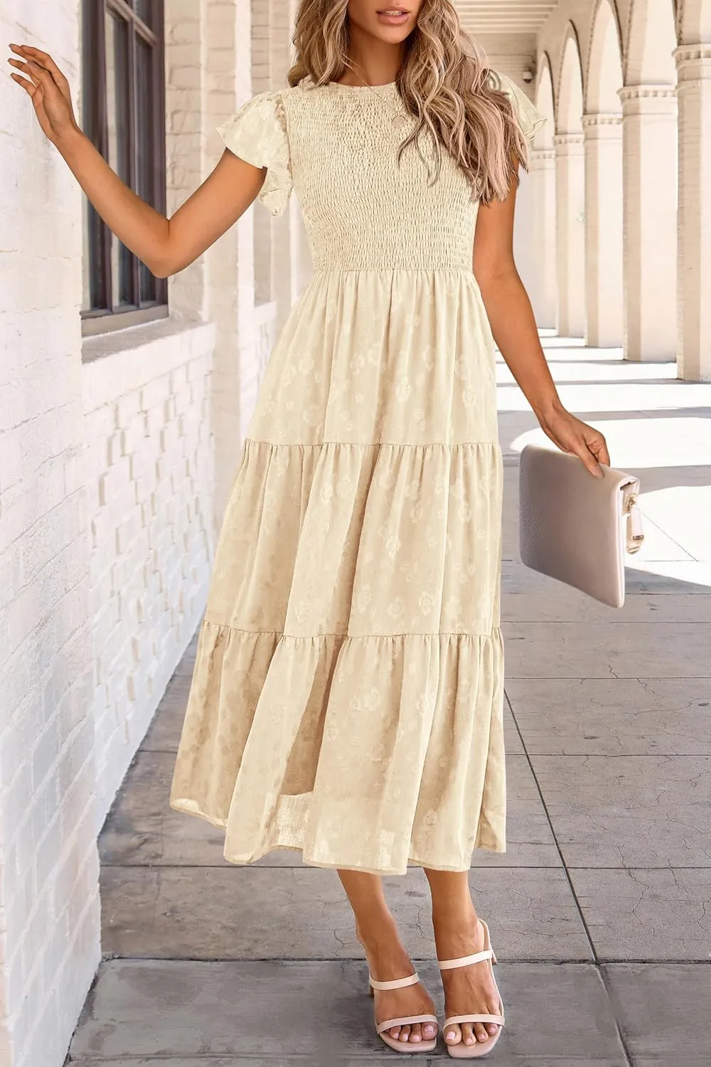 PRETTYGARDEN Midi Dress for Women 2025 Summer Floral Cap Sleeve Smocked Ruffle A Line Long Flowy Wedding Guest Dresses