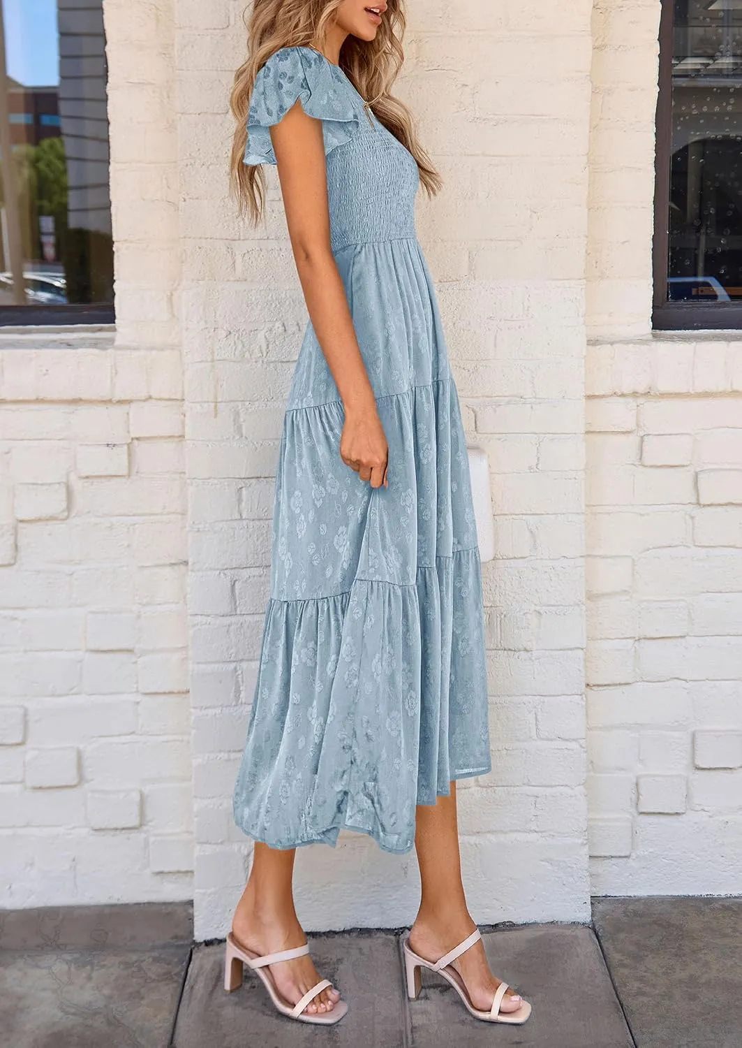PRETTYGARDEN Midi Dress for Women 2025 Summer Floral Cap Sleeve Smocked Ruffle A Line Long Flowy Wedding Guest Dresses