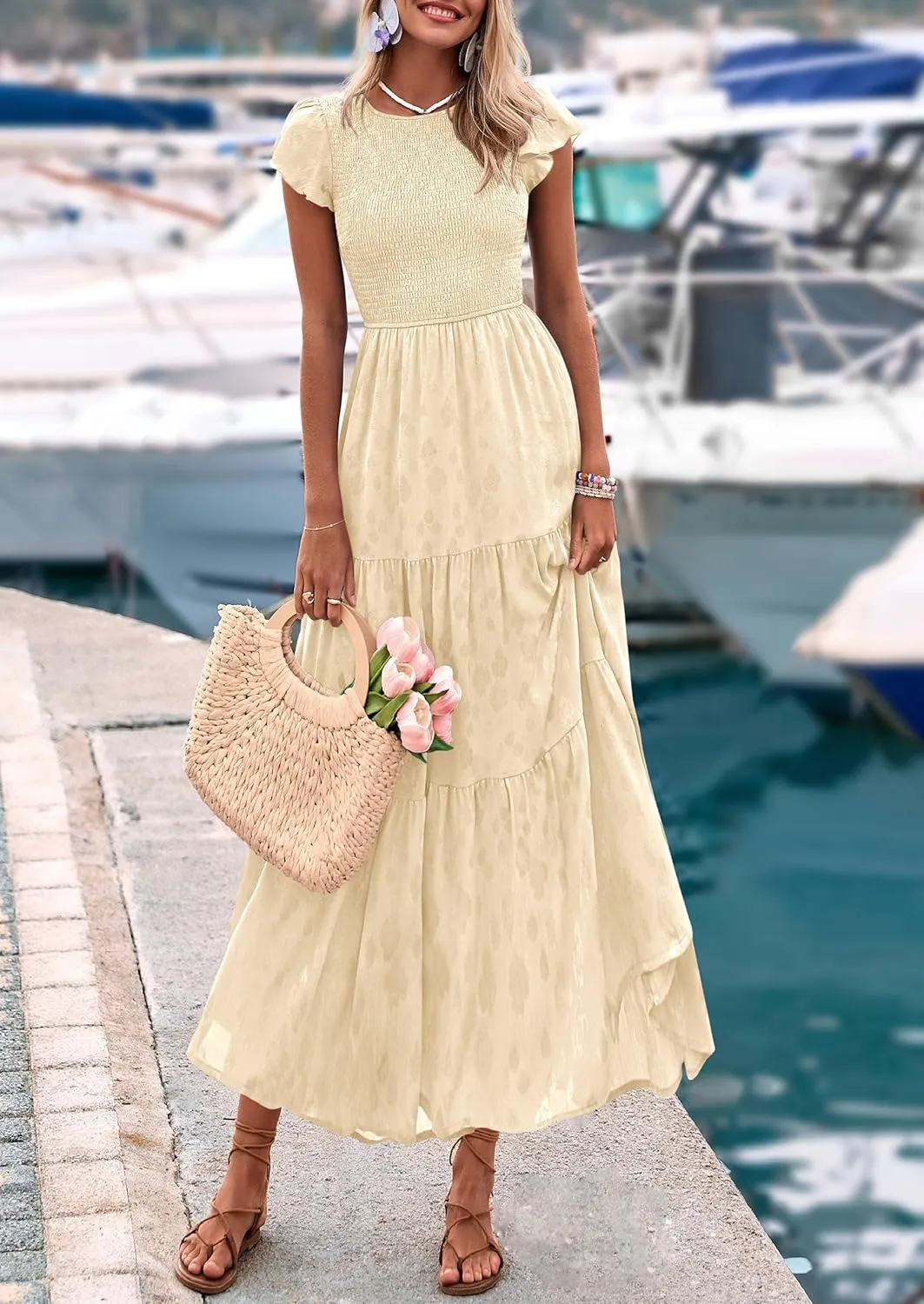 PRETTYGARDEN Midi Dress for Women 2025 Summer Floral Cap Sleeve Smocked Ruffle A Line Long Flowy Wedding Guest Dresses
