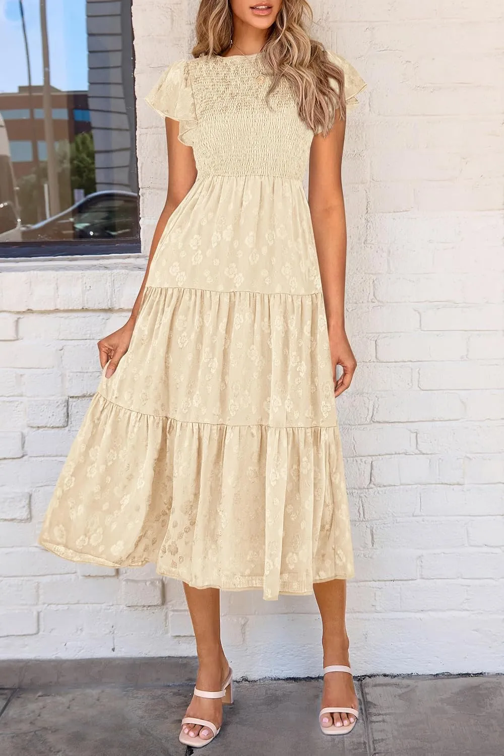 PRETTYGARDEN Midi Dress for Women 2025 Summer Floral Cap Sleeve Smocked Ruffle A Line Long Flowy Wedding Guest Dresses