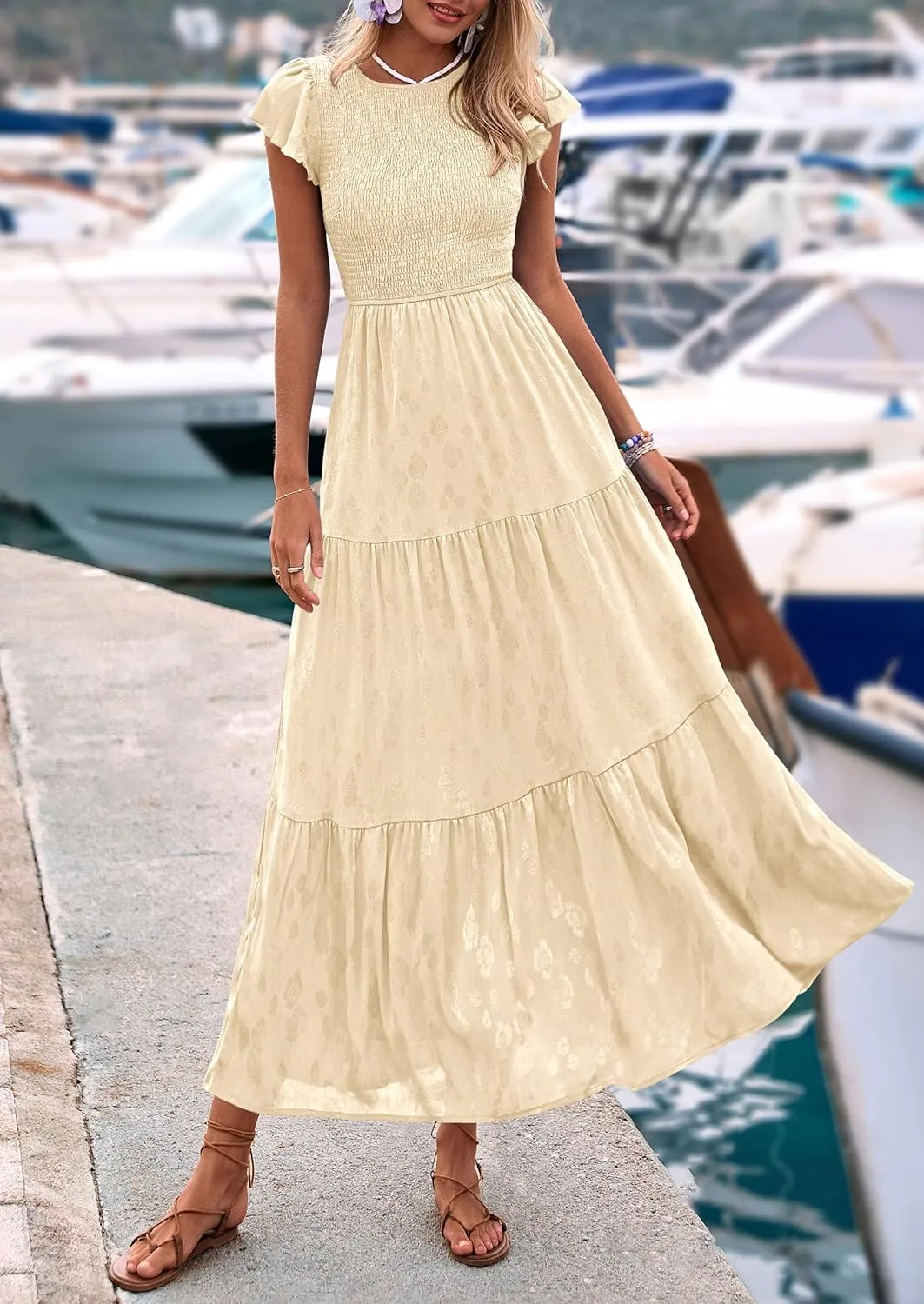 PRETTYGARDEN Midi Dress for Women 2025 Summer Floral Cap Sleeve Smocked Ruffle A Line Long Flowy Wedding Guest Dresses