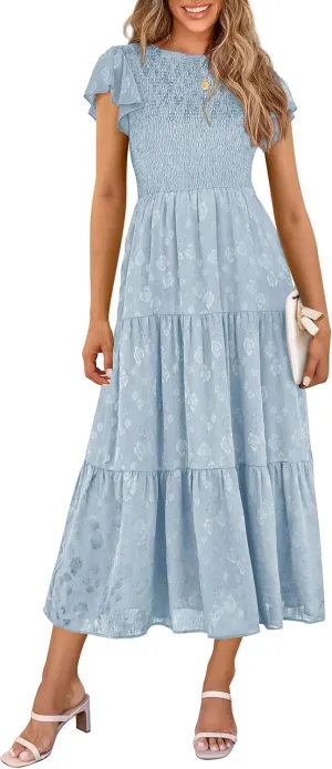 PRETTYGARDEN Midi Dress for Women 2025 Summer Floral Cap Sleeve Smocked Ruffle A Line Long Flowy Wedding Guest Dresses