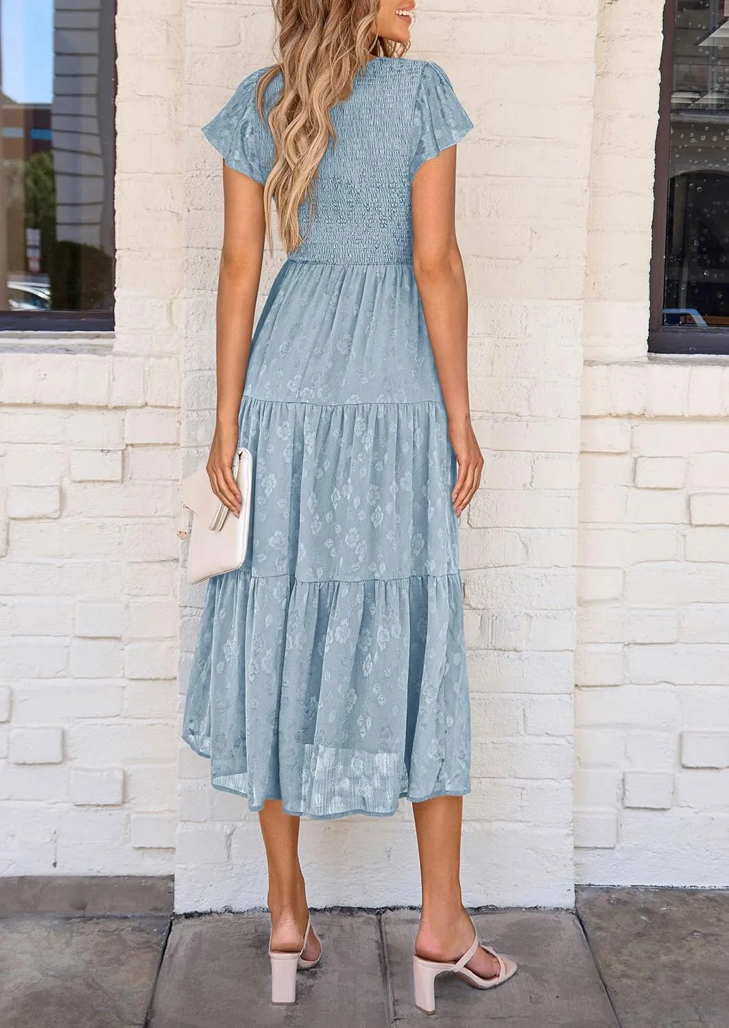 PRETTYGARDEN Midi Dress for Women 2025 Summer Floral Cap Sleeve Smocked Ruffle A Line Long Flowy Wedding Guest Dresses