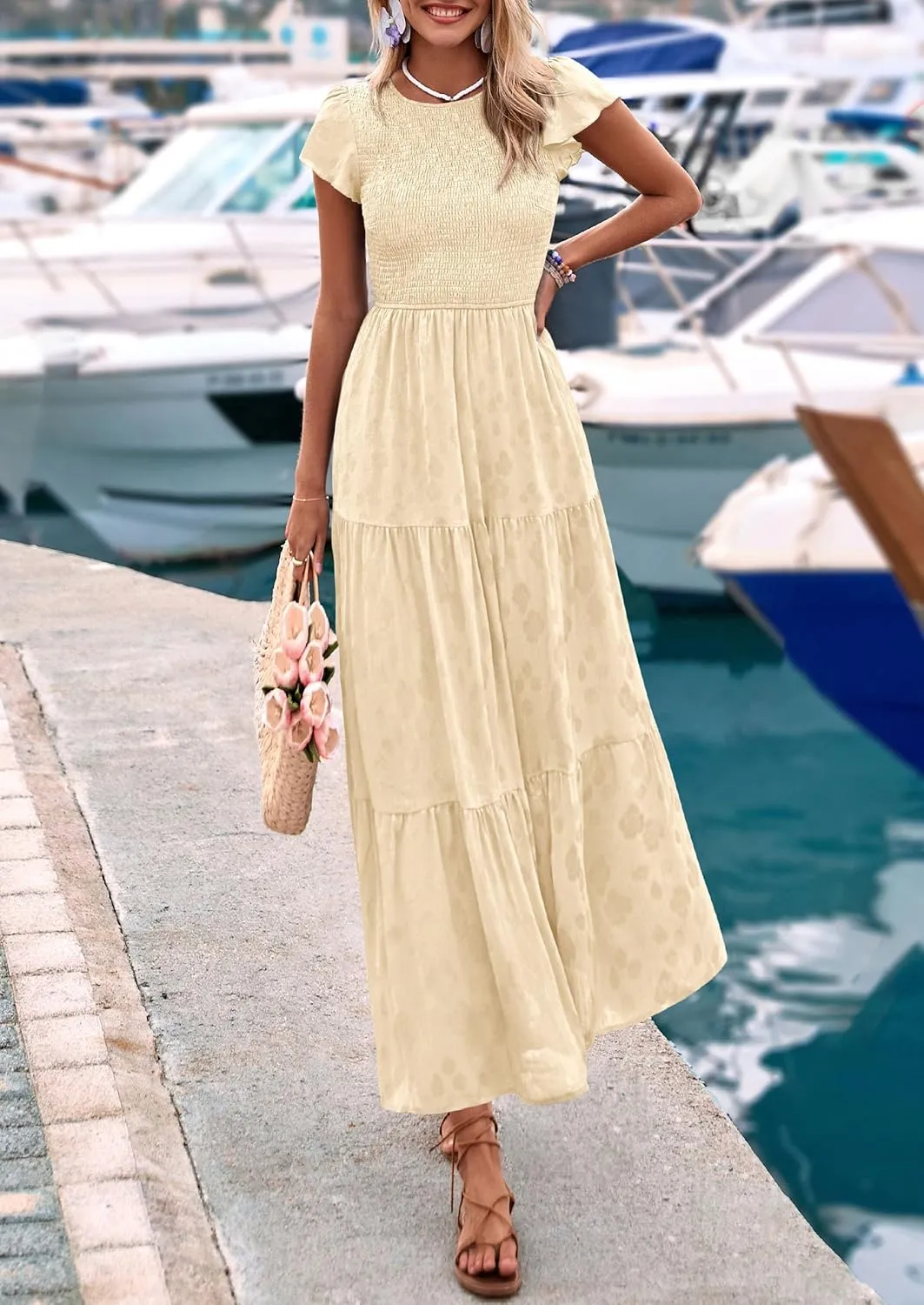 PRETTYGARDEN Midi Dress for Women 2025 Summer Floral Cap Sleeve Smocked Ruffle A Line Long Flowy Wedding Guest Dresses