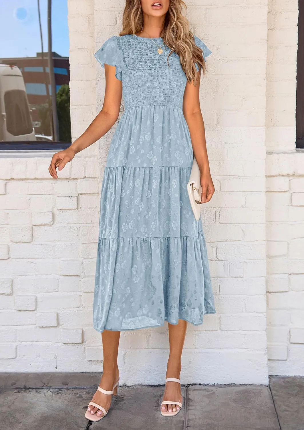 PRETTYGARDEN Midi Dress for Women 2025 Summer Floral Cap Sleeve Smocked Ruffle A Line Long Flowy Wedding Guest Dresses