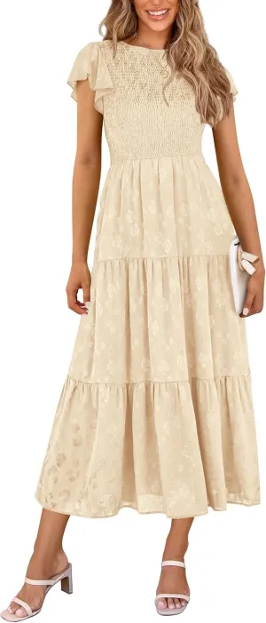PRETTYGARDEN Midi Dress for Women 2025 Summer Floral Cap Sleeve Smocked Ruffle A Line Long Flowy Wedding Guest Dresses