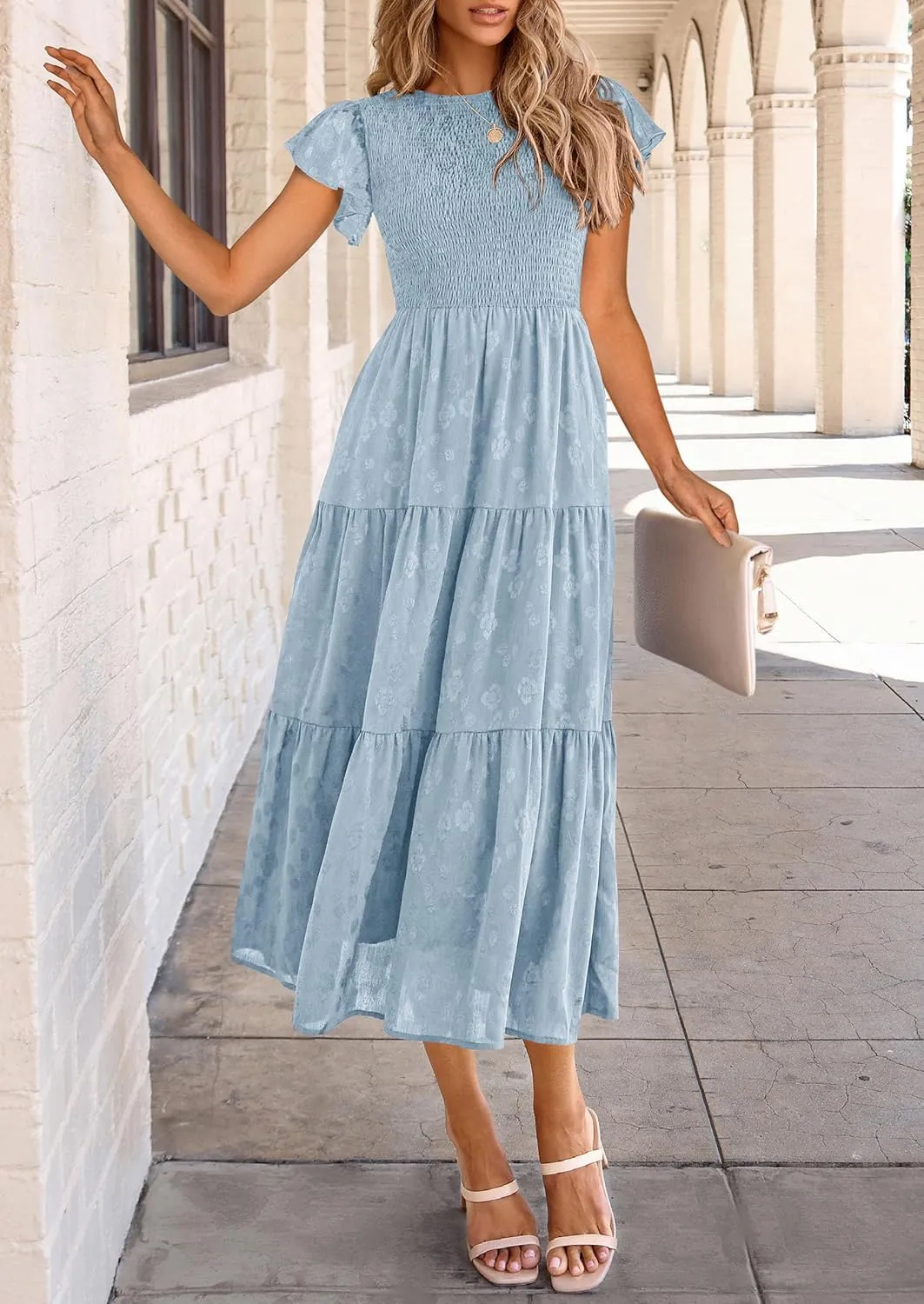 PRETTYGARDEN Midi Dress for Women 2025 Summer Floral Cap Sleeve Smocked Ruffle A Line Long Flowy Wedding Guest Dresses