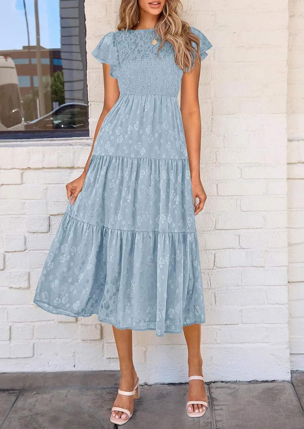 PRETTYGARDEN Midi Dress for Women 2025 Summer Floral Cap Sleeve Smocked Ruffle A Line Long Flowy Wedding Guest Dresses