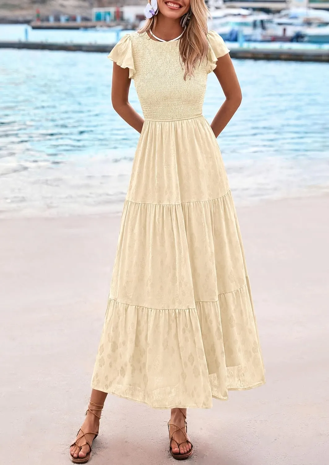 PRETTYGARDEN Midi Dress for Women 2025 Summer Floral Cap Sleeve Smocked Ruffle A Line Long Flowy Wedding Guest Dresses