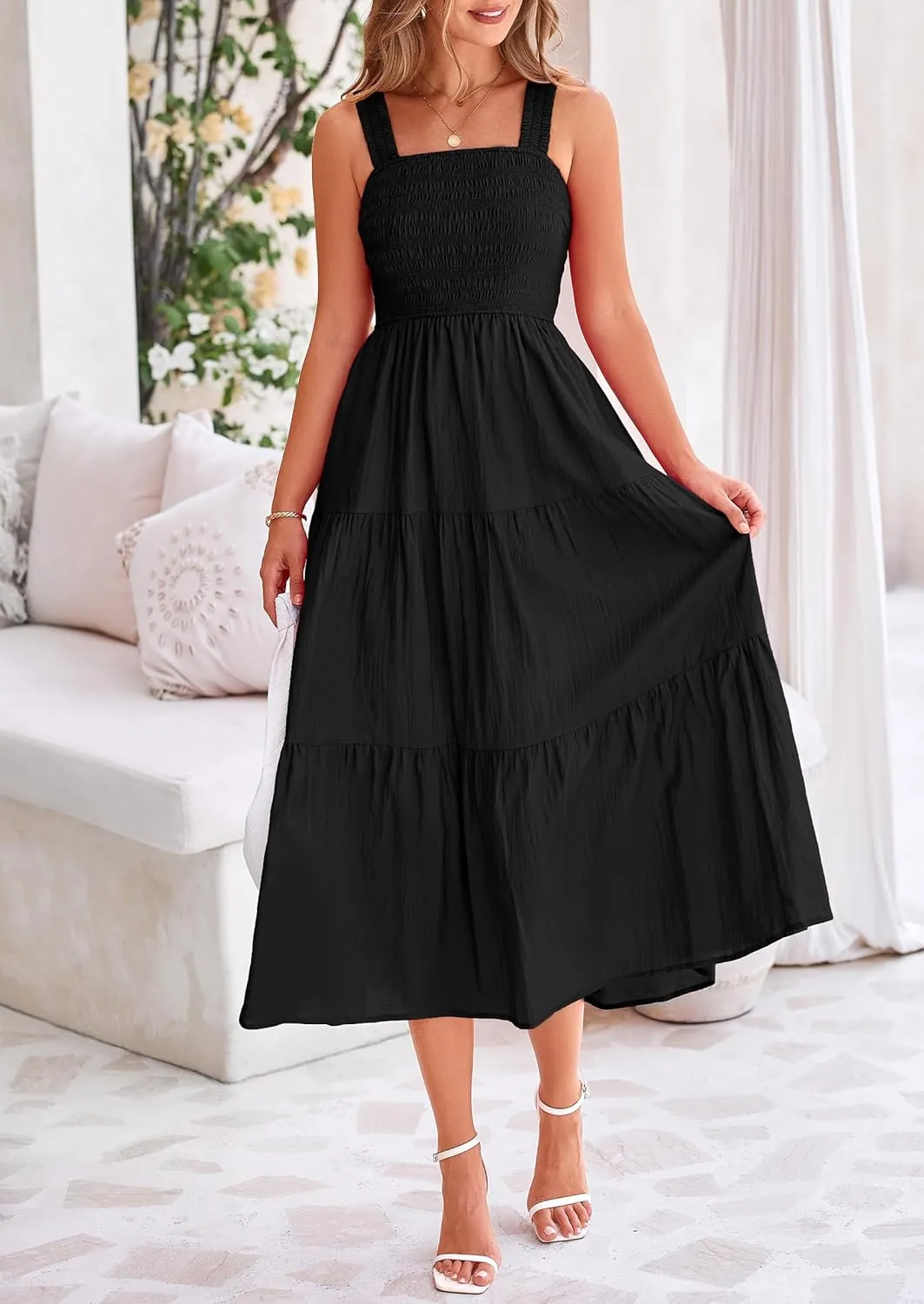 PRETTYGARDEN Midi Dress for Women 2025 Summer Smocked Ruffle A Line Long Flowy Dresses Cute Sleeveless Beach Sundress