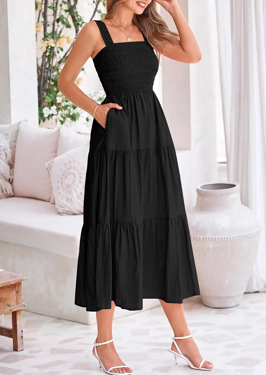 PRETTYGARDEN Midi Dress for Women 2025 Summer Smocked Ruffle A Line Long Flowy Dresses Cute Sleeveless Beach Sundress