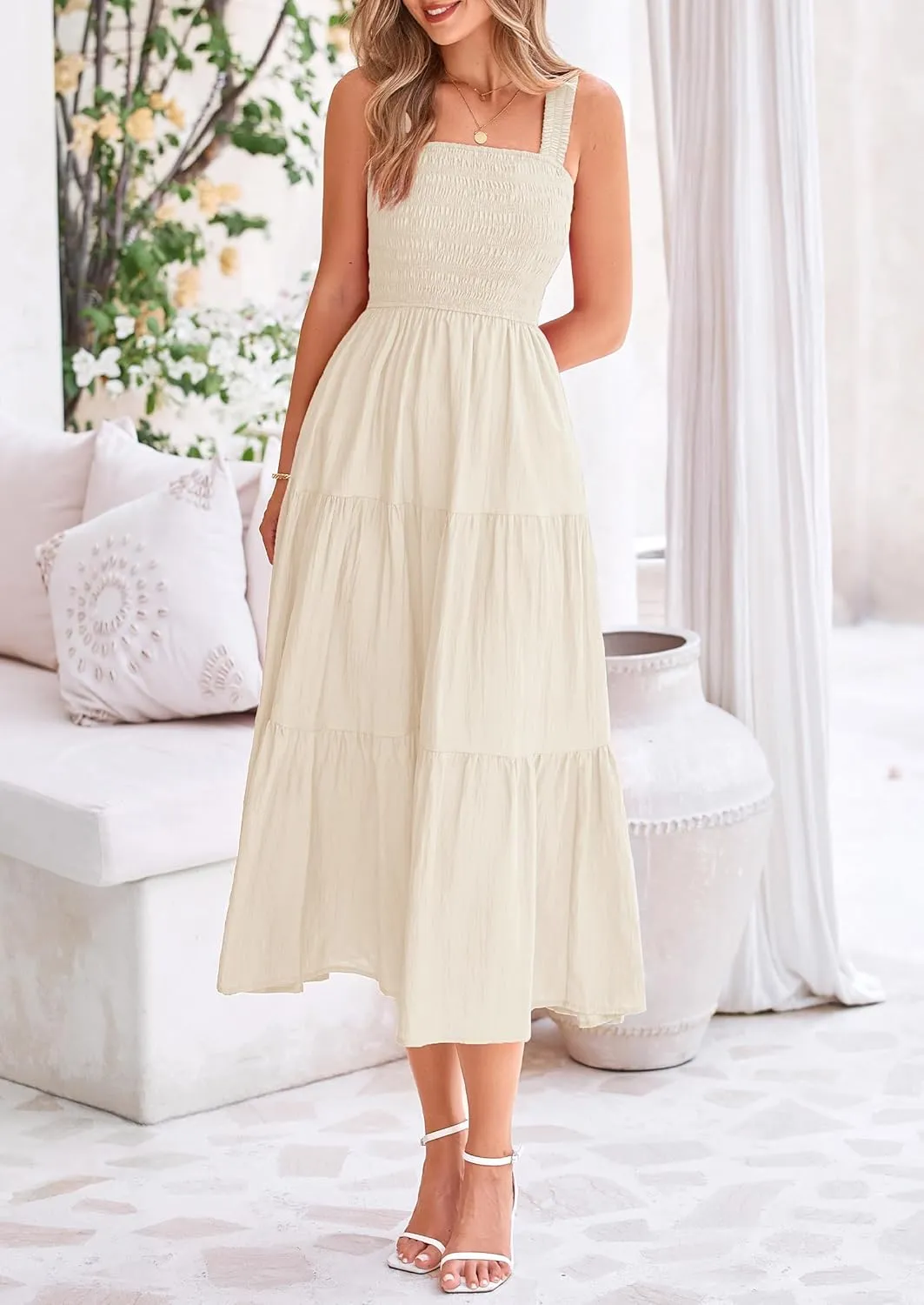 PRETTYGARDEN Midi Dress for Women 2025 Summer Smocked Ruffle A Line Long Flowy Dresses Cute Sleeveless Beach Sundress