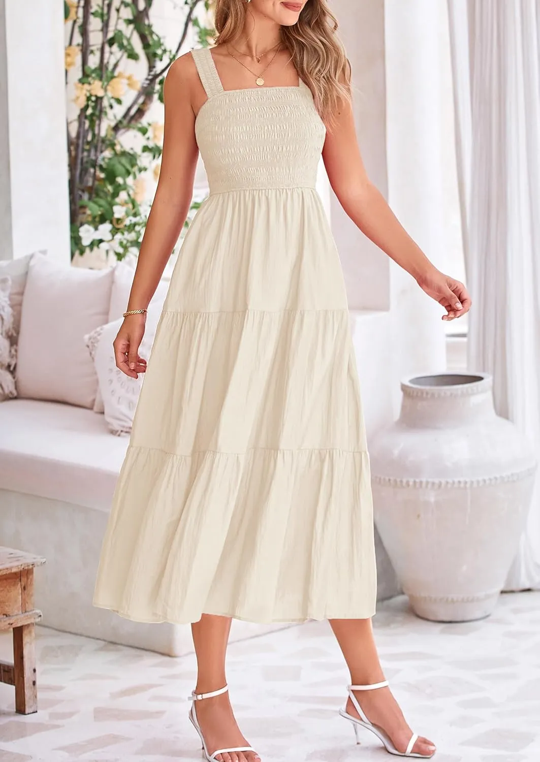 PRETTYGARDEN Midi Dress for Women 2025 Summer Smocked Ruffle A Line Long Flowy Dresses Cute Sleeveless Beach Sundress