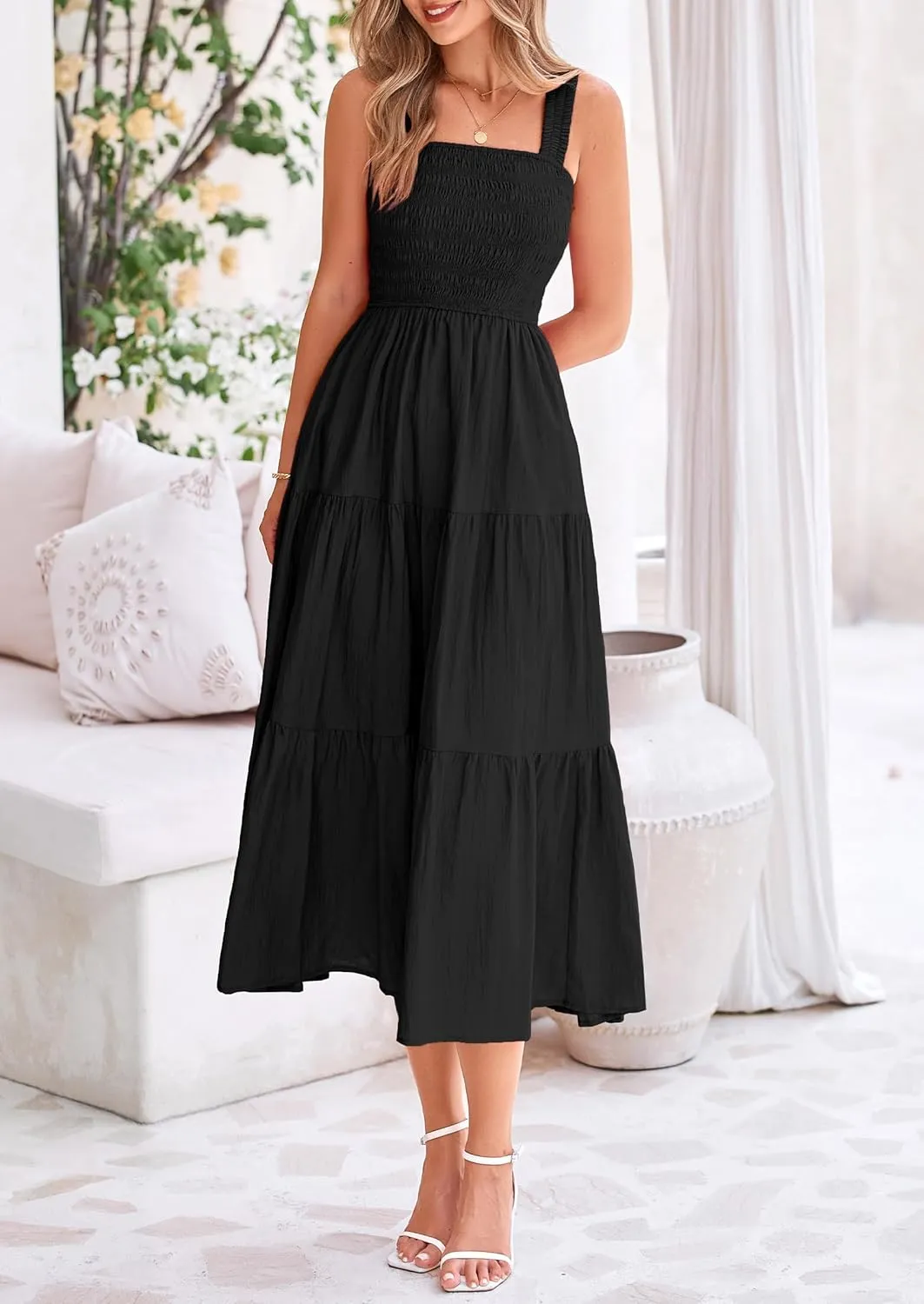 PRETTYGARDEN Midi Dress for Women 2025 Summer Smocked Ruffle A Line Long Flowy Dresses Cute Sleeveless Beach Sundress
