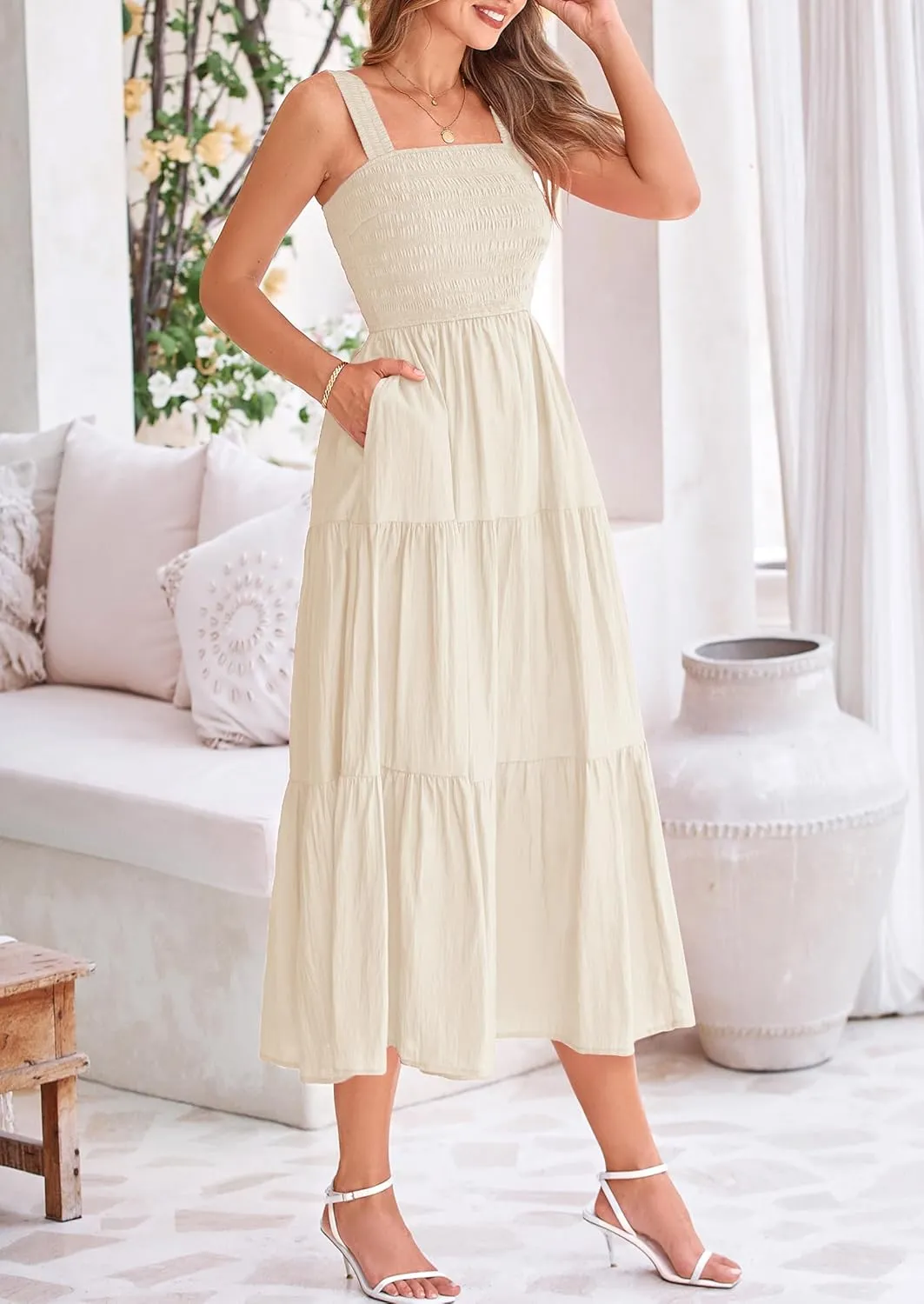 PRETTYGARDEN Midi Dress for Women 2025 Summer Smocked Ruffle A Line Long Flowy Dresses Cute Sleeveless Beach Sundress