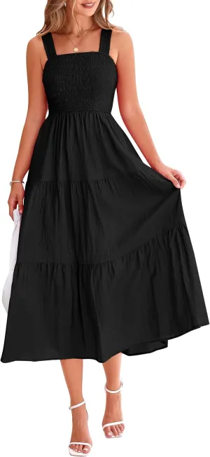 PRETTYGARDEN Midi Dress for Women 2025 Summer Smocked Ruffle A Line Long Flowy Dresses Cute Sleeveless Beach Sundress