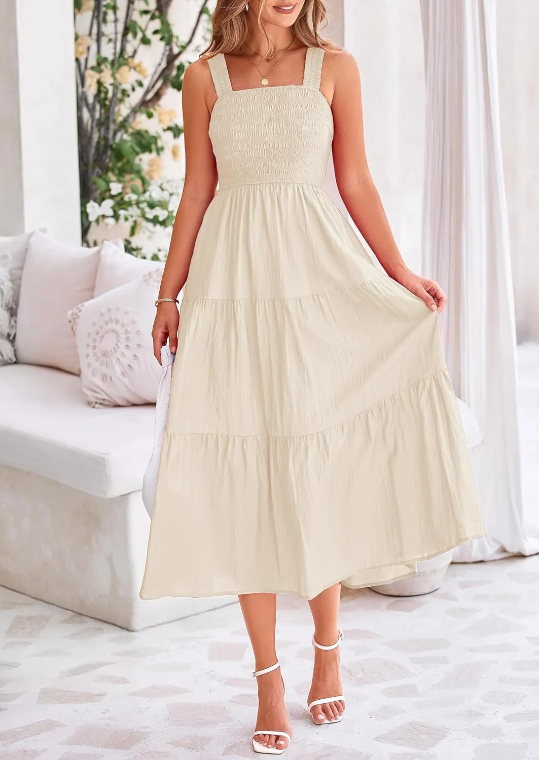 PRETTYGARDEN Midi Dress for Women 2025 Summer Smocked Ruffle A Line Long Flowy Dresses Cute Sleeveless Beach Sundress