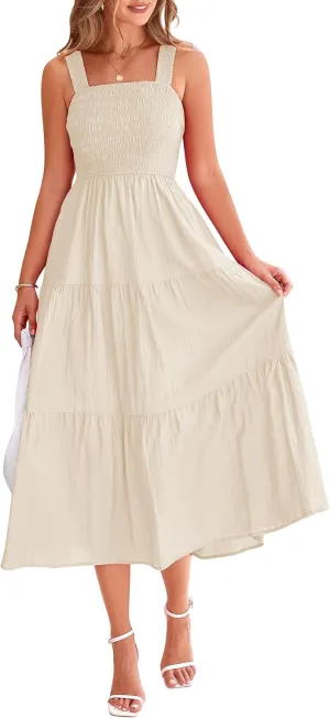 PRETTYGARDEN Midi Dress for Women 2025 Summer Smocked Ruffle A Line Long Flowy Dresses Cute Sleeveless Beach Sundress