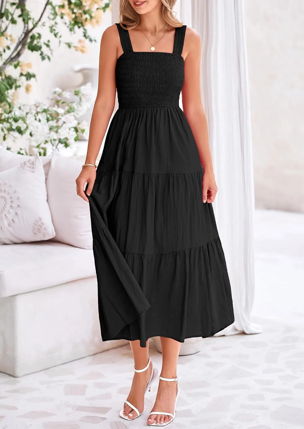 PRETTYGARDEN Midi Dress for Women 2025 Summer Smocked Ruffle A Line Long Flowy Dresses Cute Sleeveless Beach Sundress
