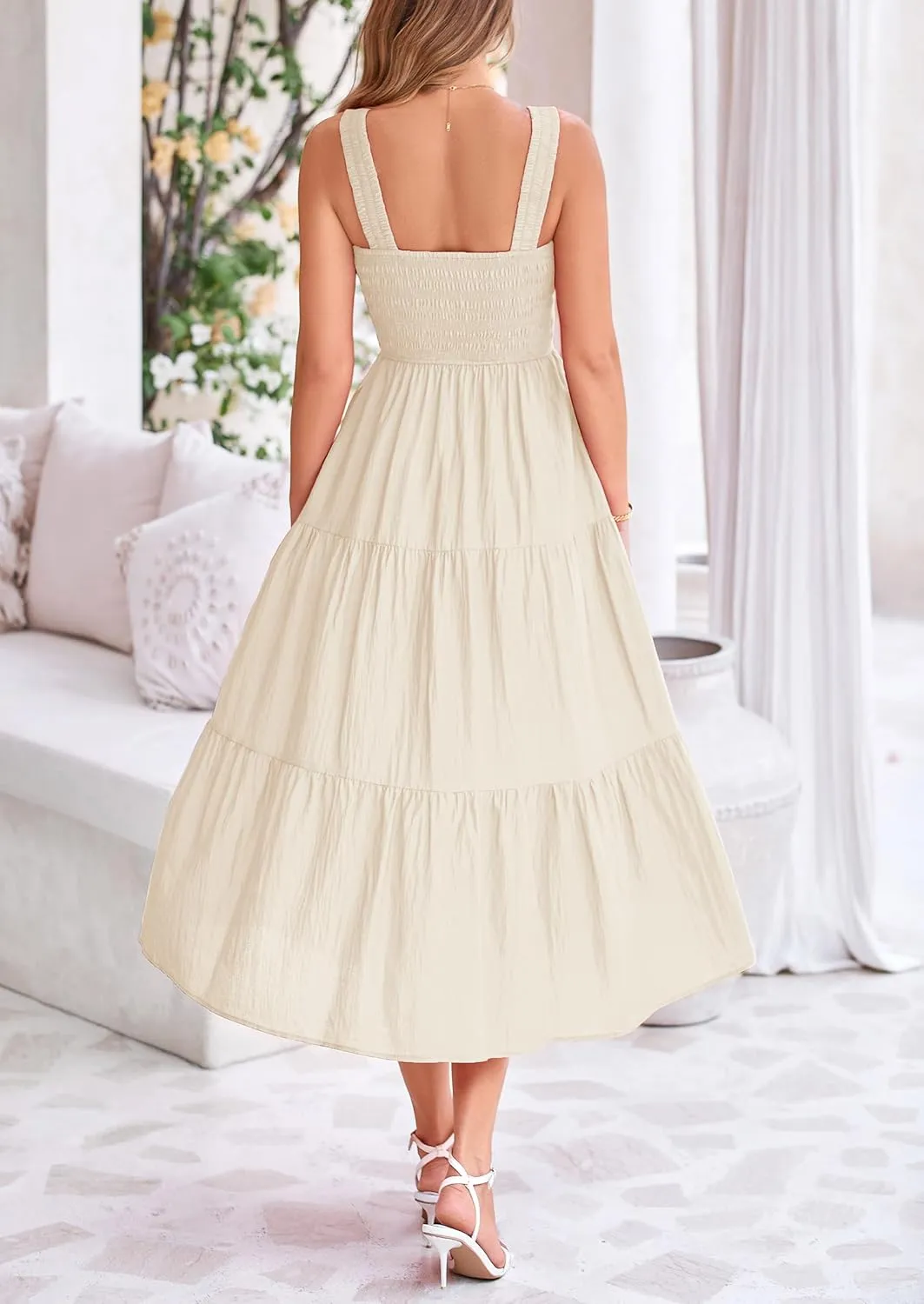 PRETTYGARDEN Midi Dress for Women 2025 Summer Smocked Ruffle A Line Long Flowy Dresses Cute Sleeveless Beach Sundress