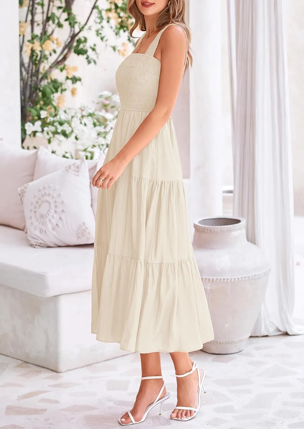 PRETTYGARDEN Midi Dress for Women 2025 Summer Smocked Ruffle A Line Long Flowy Dresses Cute Sleeveless Beach Sundress