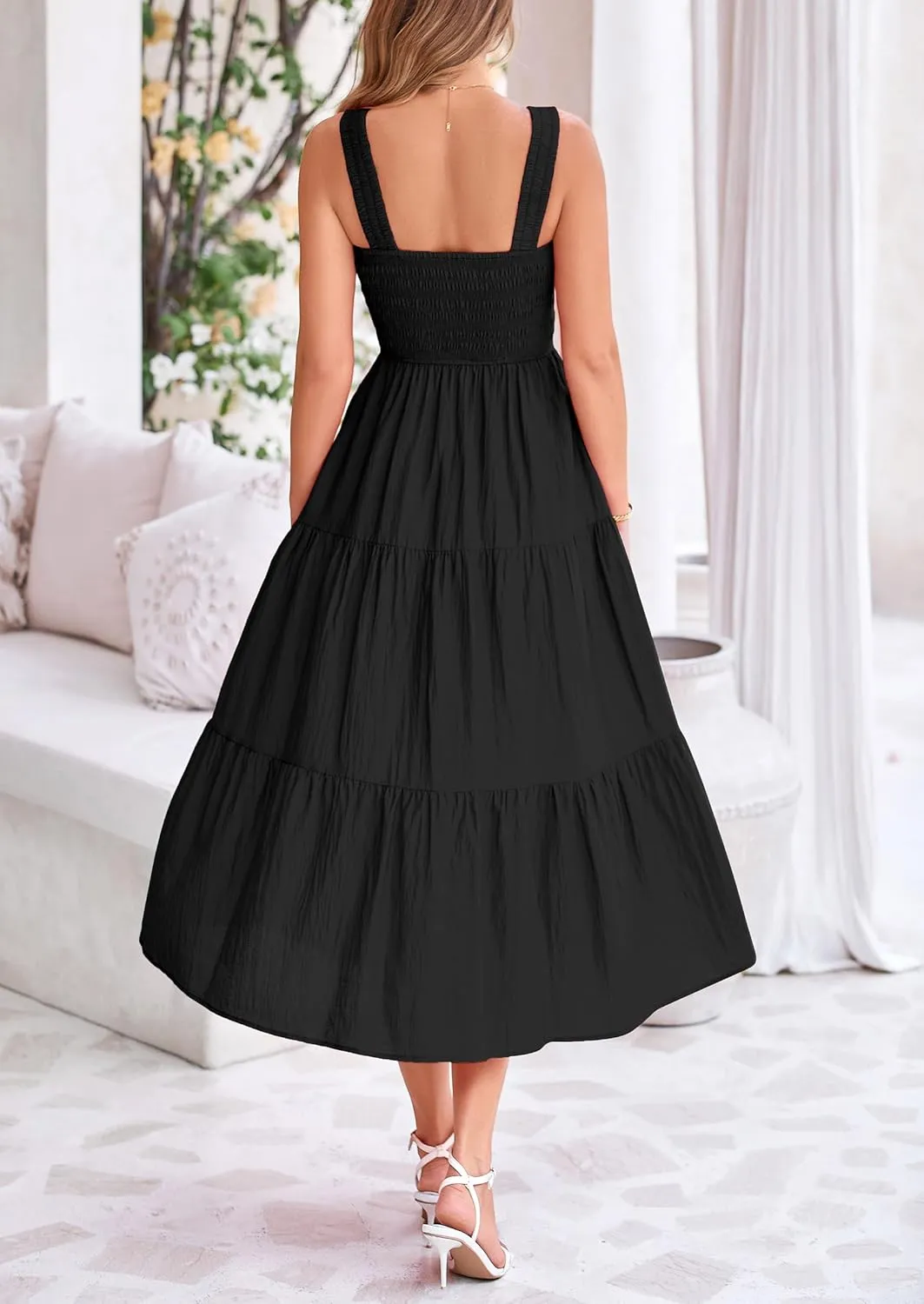 PRETTYGARDEN Midi Dress for Women 2025 Summer Smocked Ruffle A Line Long Flowy Dresses Cute Sleeveless Beach Sundress