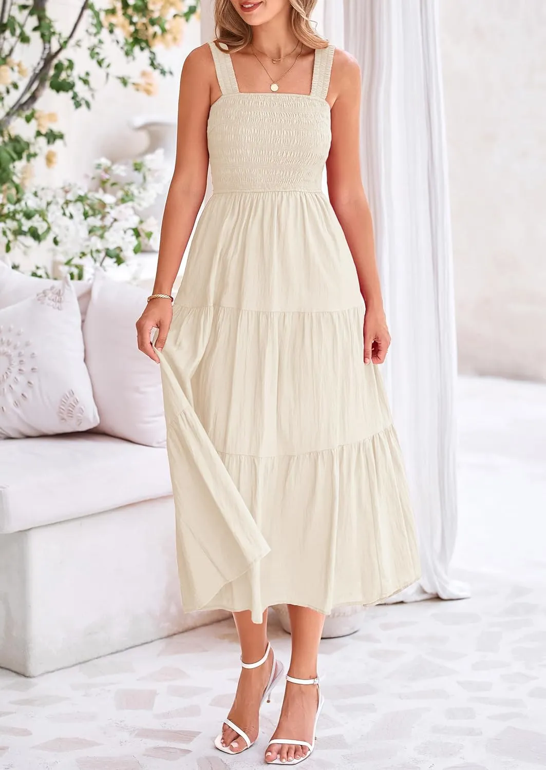 PRETTYGARDEN Midi Dress for Women 2025 Summer Smocked Ruffle A Line Long Flowy Dresses Cute Sleeveless Beach Sundress