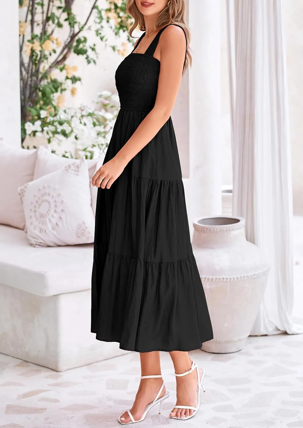 PRETTYGARDEN Midi Dress for Women 2025 Summer Smocked Ruffle A Line Long Flowy Dresses Cute Sleeveless Beach Sundress