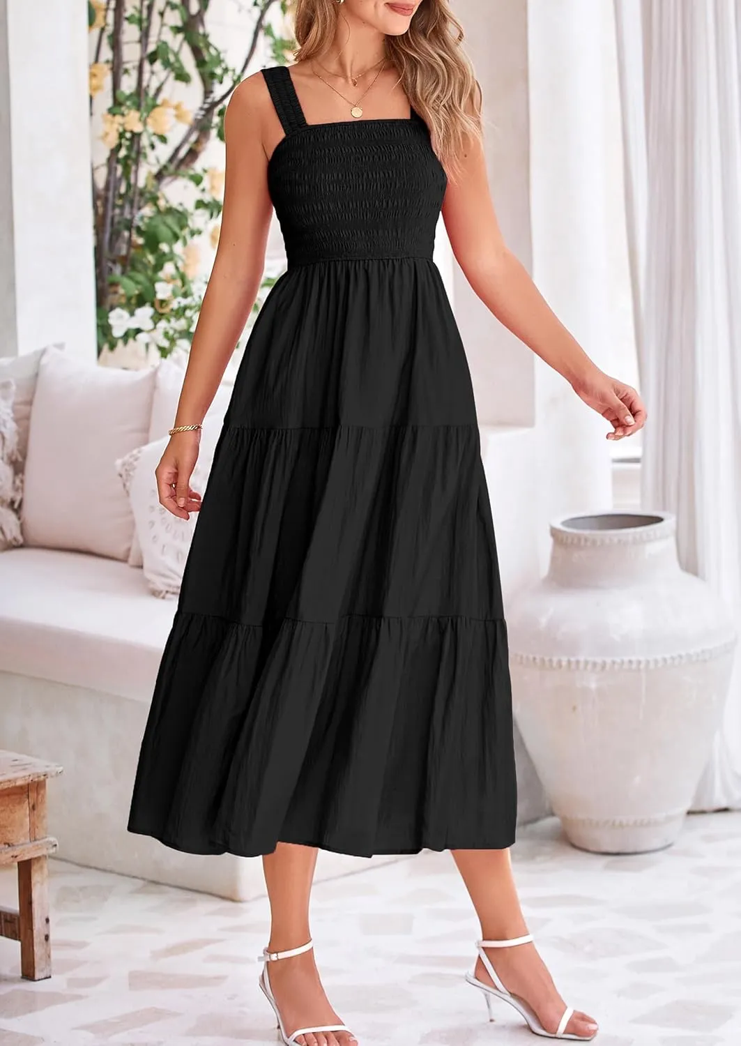 PRETTYGARDEN Midi Dress for Women 2025 Summer Smocked Ruffle A Line Long Flowy Dresses Cute Sleeveless Beach Sundress