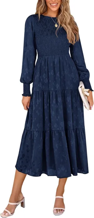PRETTYGARDEN Women's Fall Spring Midi Dress Long Sleeve Floral Smocked Elegant Wedding Guest Long Flowy Dresses with Pockets