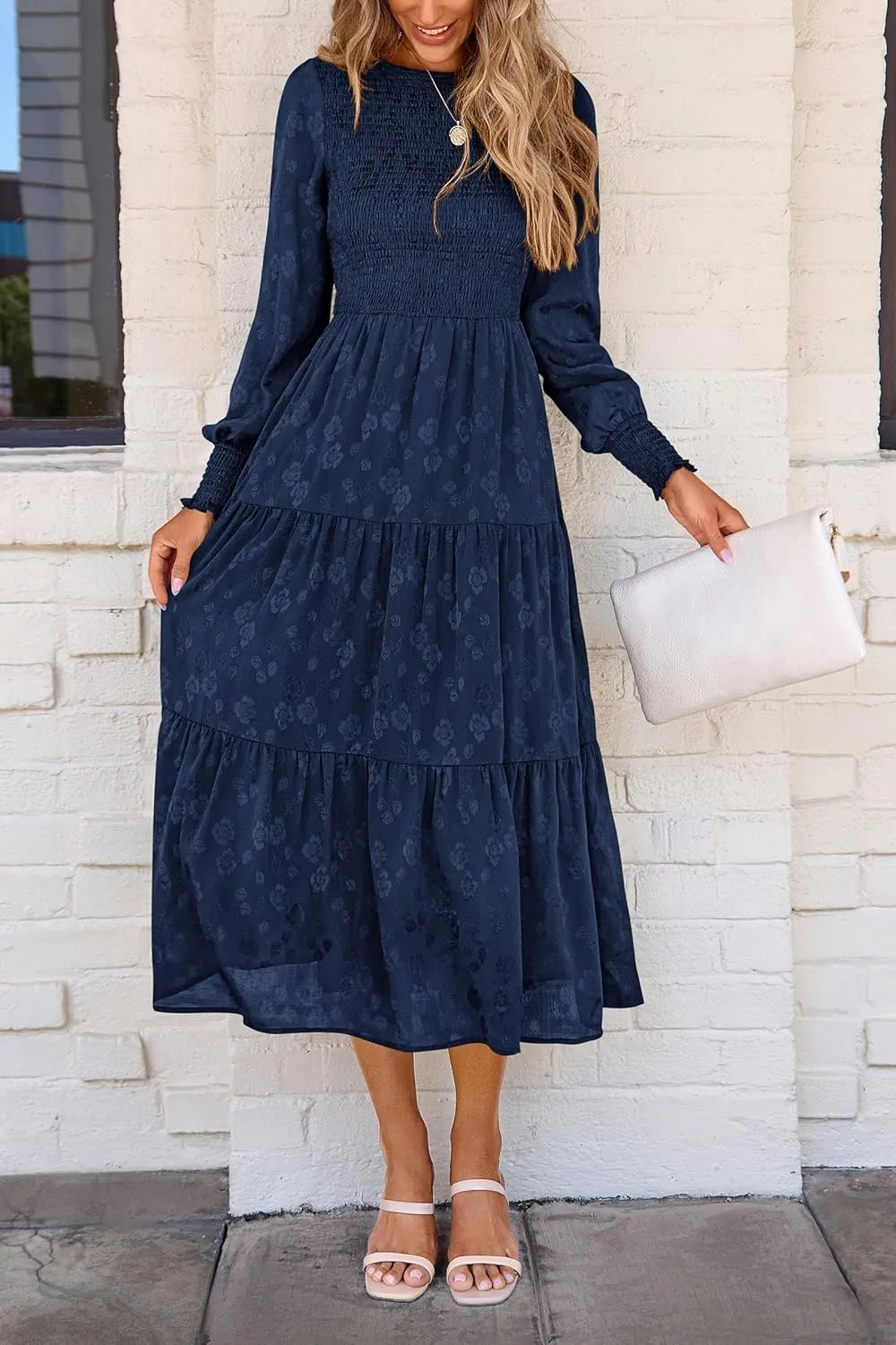 PRETTYGARDEN Women's Fall Spring Midi Dress Long Sleeve Floral Smocked Elegant Wedding Guest Long Flowy Dresses with Pockets