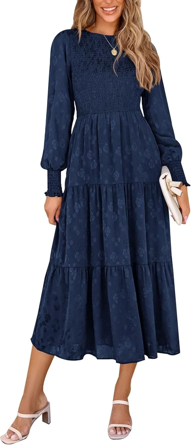 PRETTYGARDEN Women's Fall Spring Midi Dress Long Sleeve Floral Smocked Elegant Wedding Guest Long Flowy Dresses with Pockets