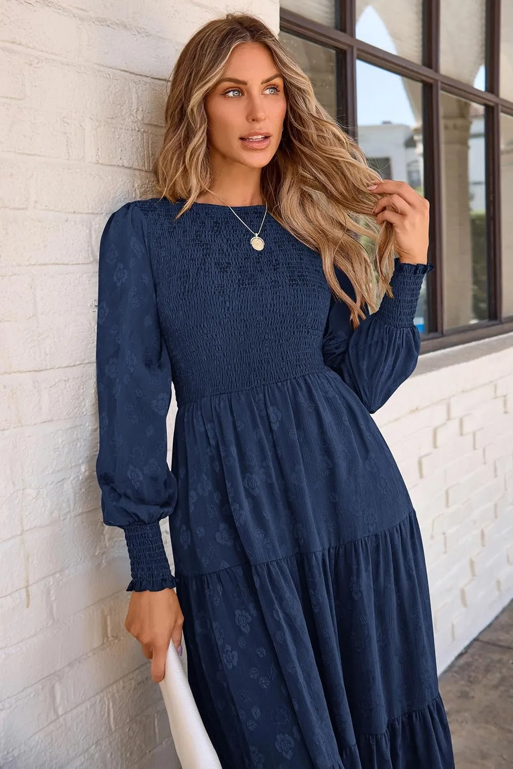 PRETTYGARDEN Women's Fall Spring Midi Dress Long Sleeve Floral Smocked Elegant Wedding Guest Long Flowy Dresses with Pockets